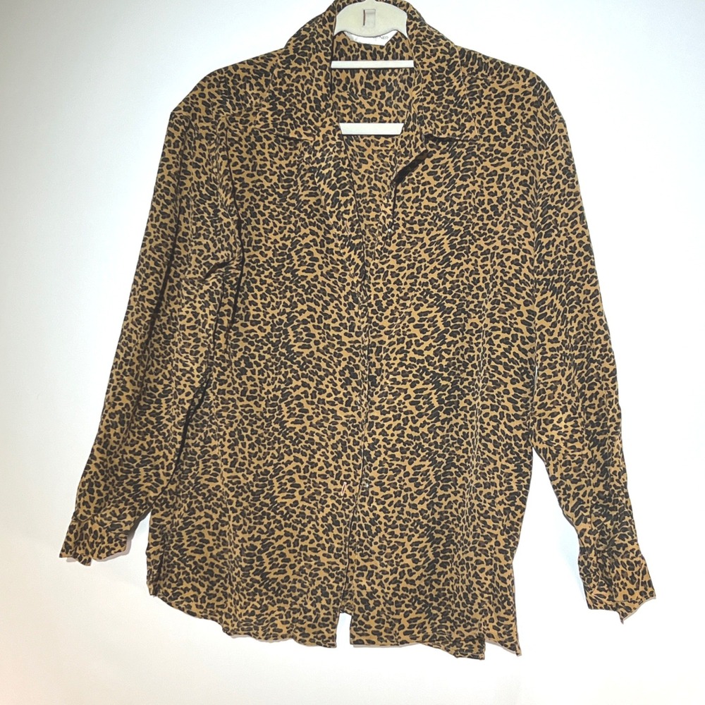 Vintage Casual Corner Women Animal Leopard Print Button Up LS Shirt Blouse Brown